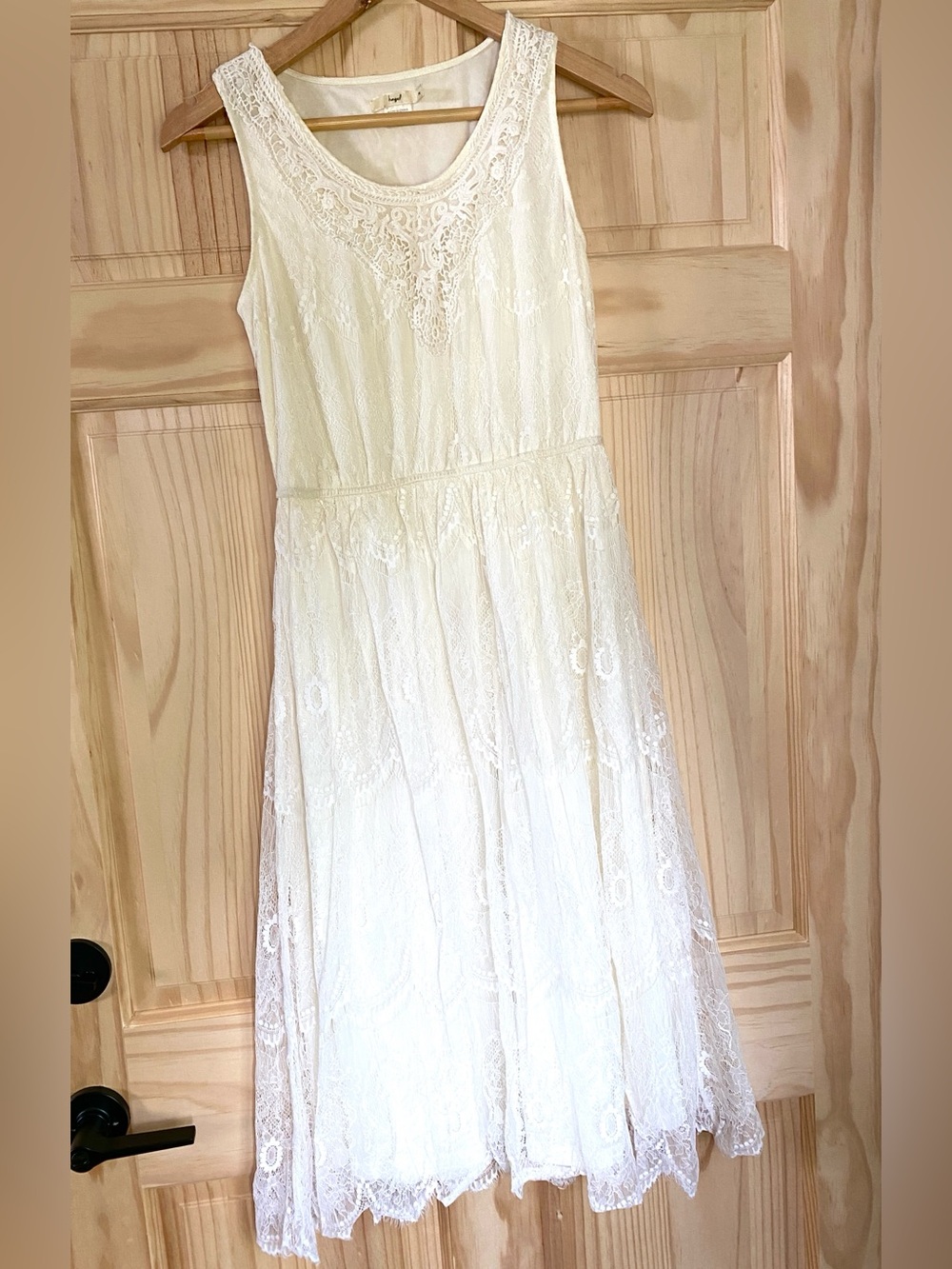 Hazel White Ivory Lace Midi Dress Size M Boho Floral Embroidered Scalloped Hem
